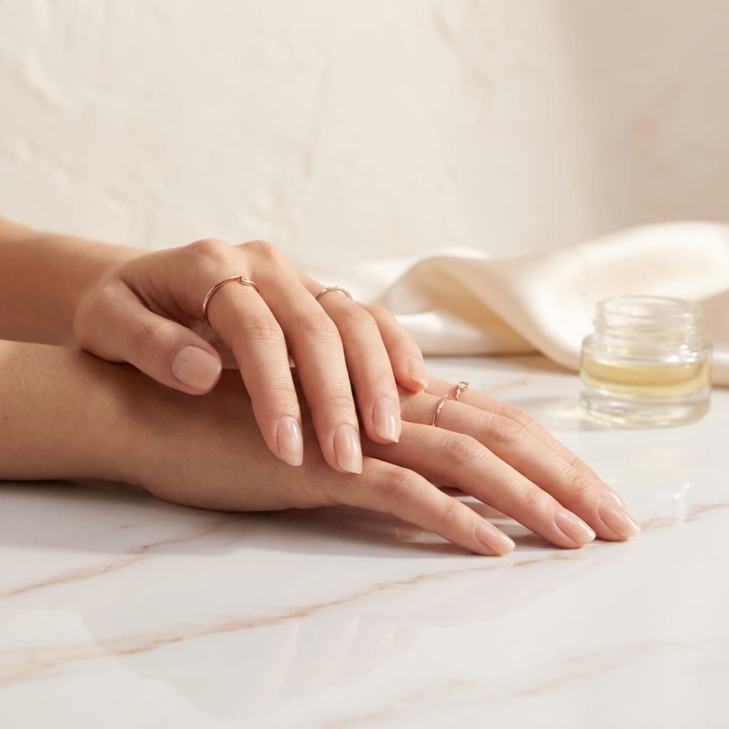Beautifully manicured hands with sheer nude gel nails